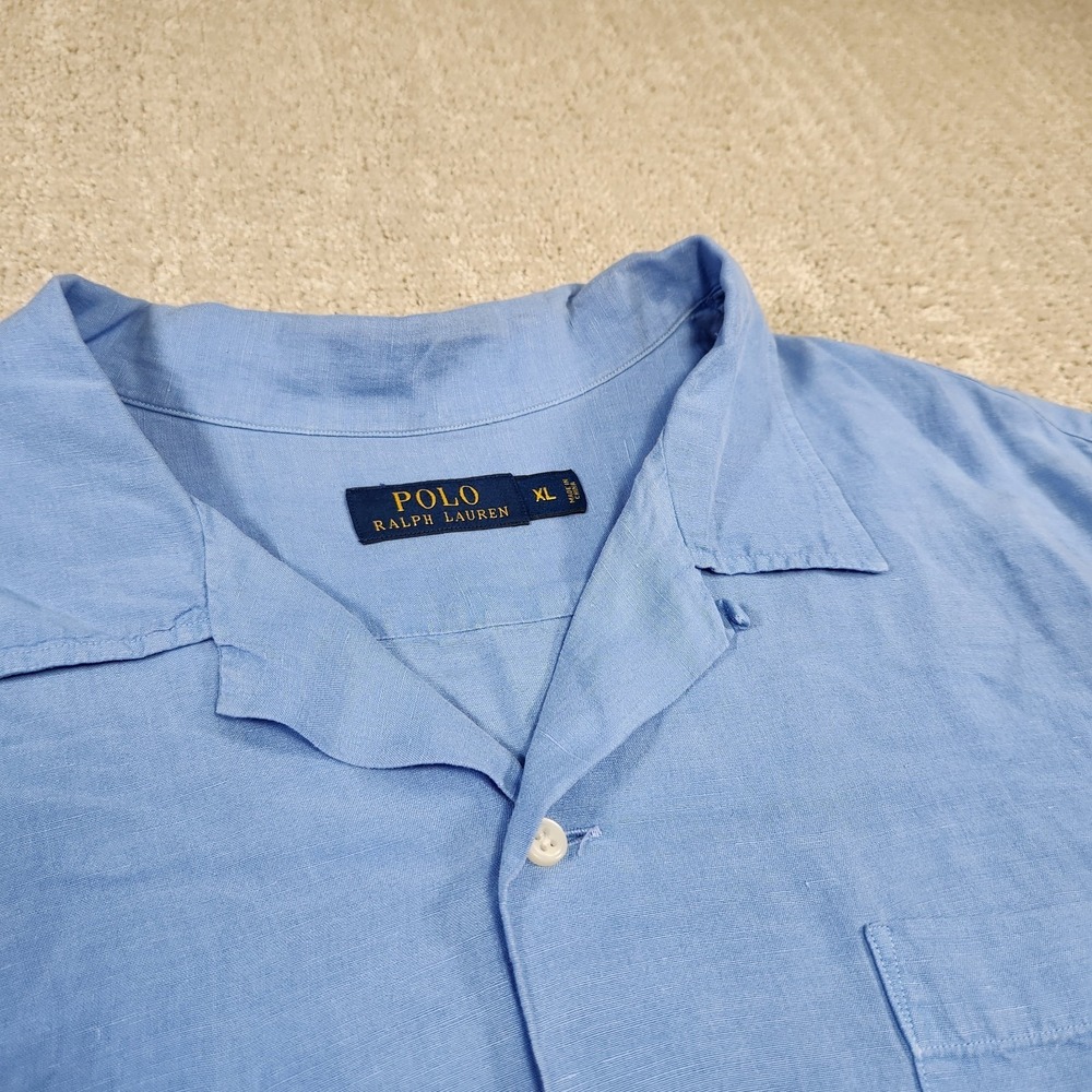 Polo Ralph Lauren Shirt Men XL Loop Collar Camp Linen Blend Blue Button Up